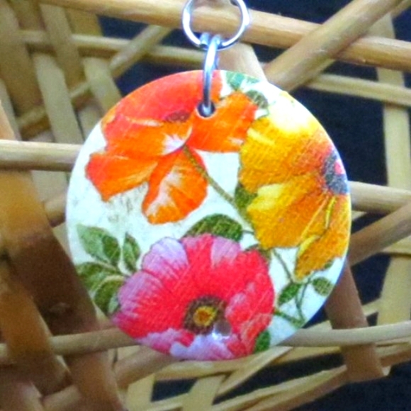 Hand Crafted Pierced Earrings Orange Gold and Pink Poppy Flowers Boho Print Wood - Picture 3 of 6